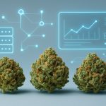 three cannabis buds with digital elements in the background representing data analysis