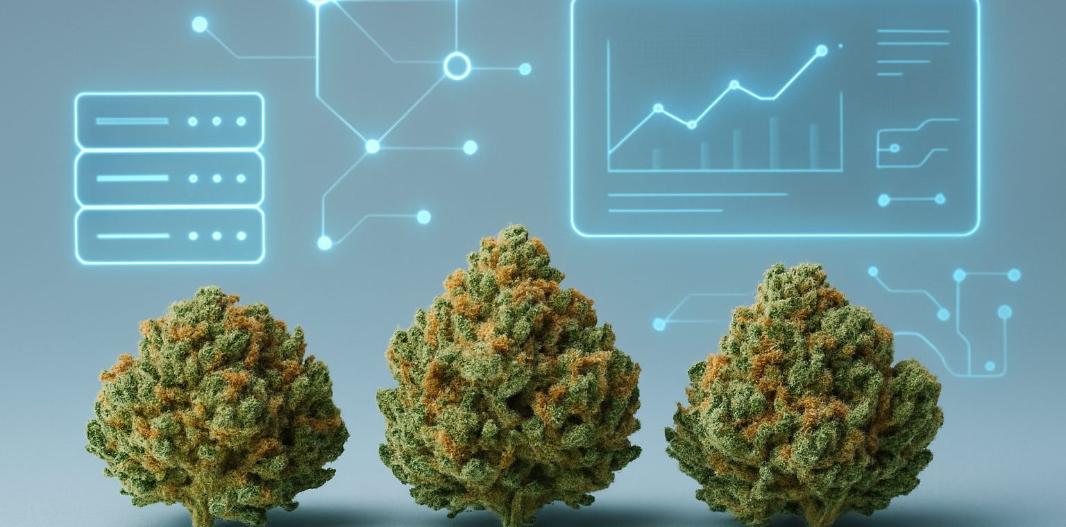 three cannabis buds with digital elements in the background representing data analysis