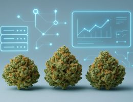 three cannabis buds with digital elements in the background representing data analysis