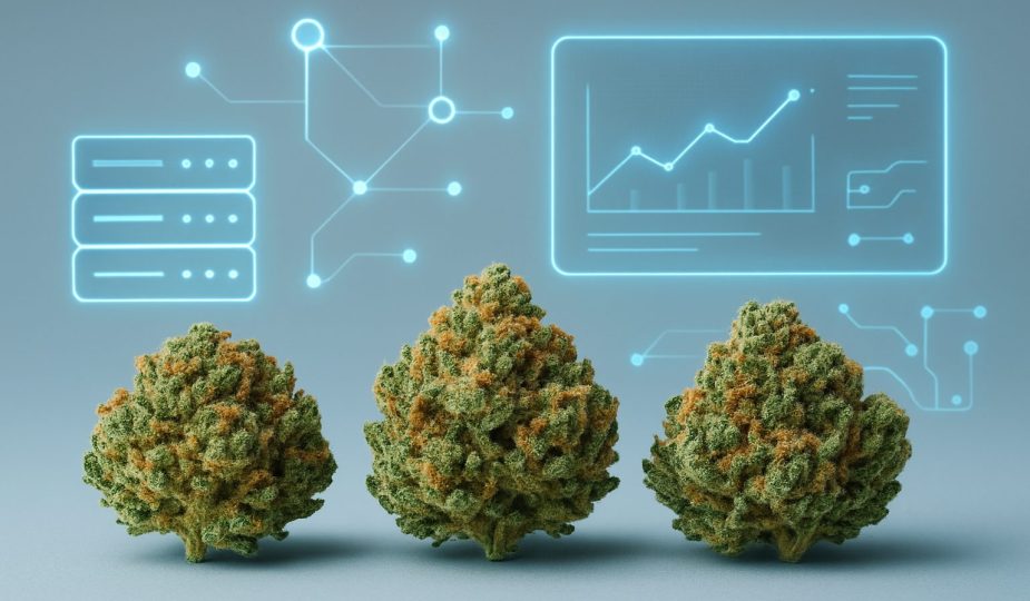 three cannabis buds with digital elements in the background representing data analysis