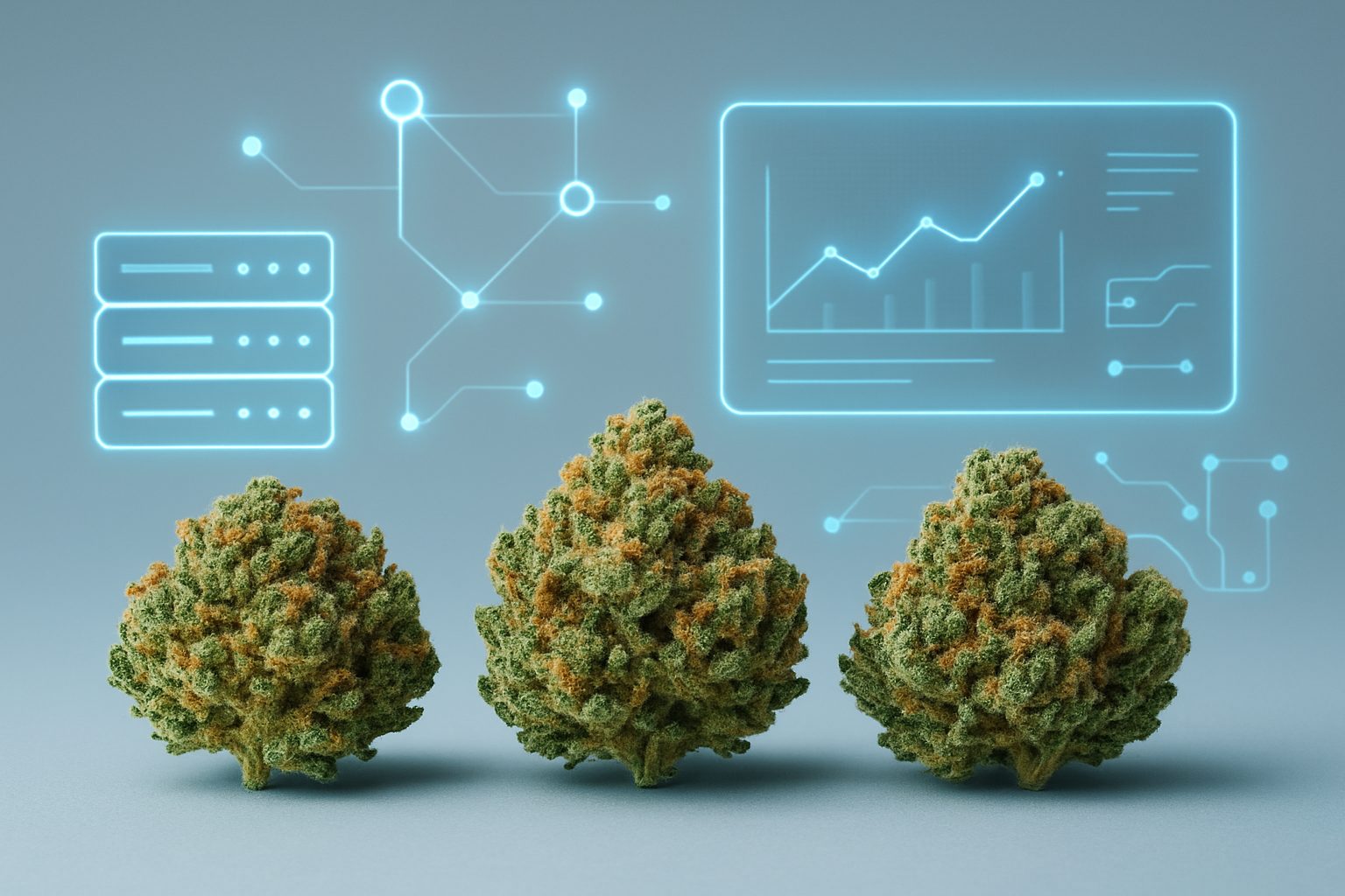 three cannabis buds with digital elements in the background representing data analysis