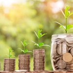 Coins stacked with small plants growing out of them, representing financial growth