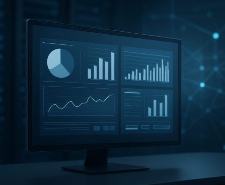 Close-up of a modern computer monitor displaying various data graphs and analytics in a dimly lit environment with blue