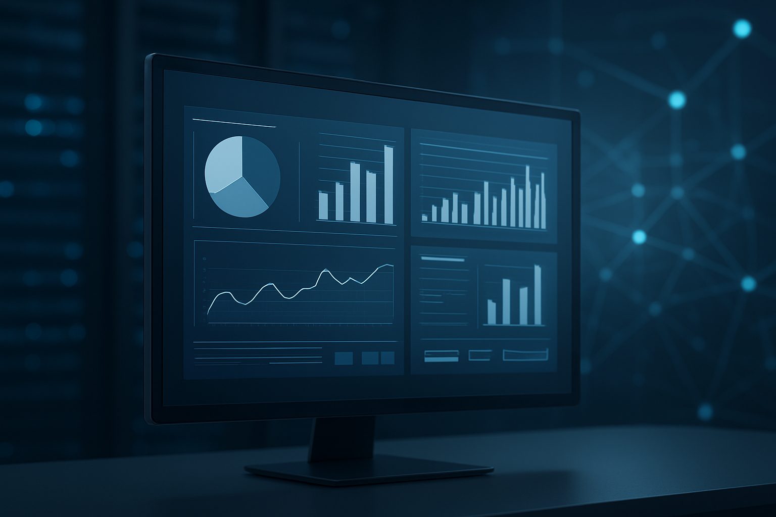 Close-up of a modern computer monitor displaying various data graphs and analytics in a dimly lit environment with blue