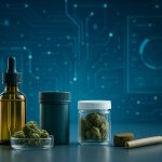 Assorted cannabis products displayed with a technological background