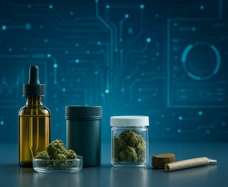 Assorted cannabis products displayed with a technological background