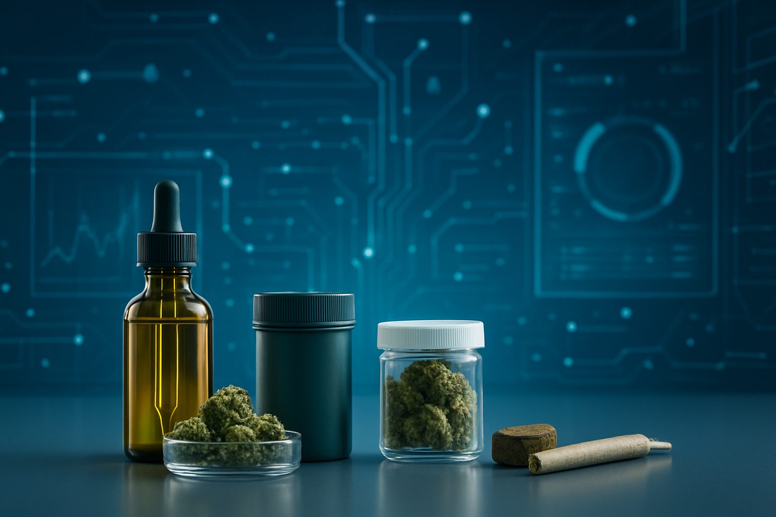 Assorted cannabis products displayed with a technological background
