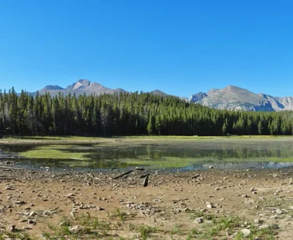 A panoramic view of a tranquil lake surrounded by trees and mountains on a clear day.