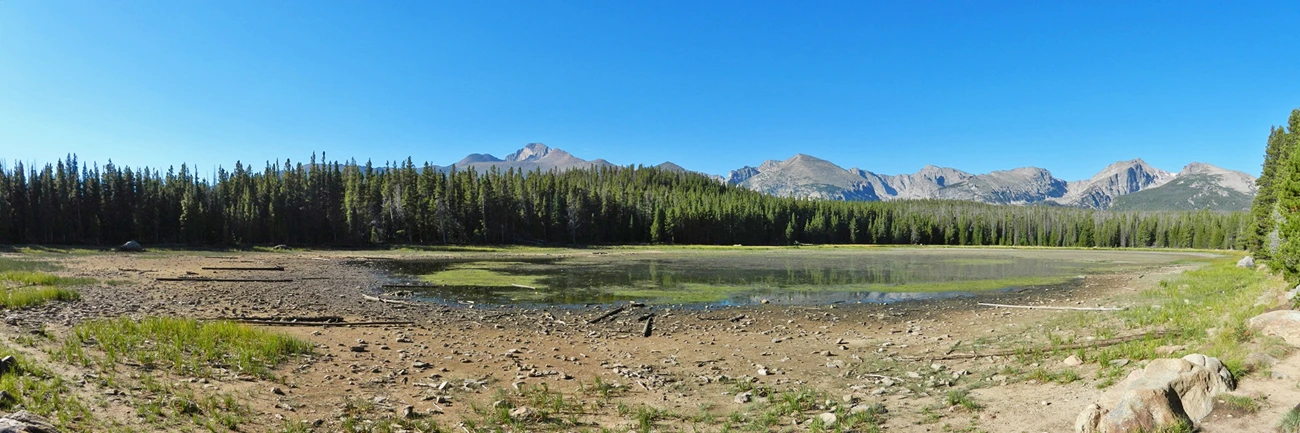 A panoramic view of a tranquil lake surrounded by trees and mountains on a clear day.